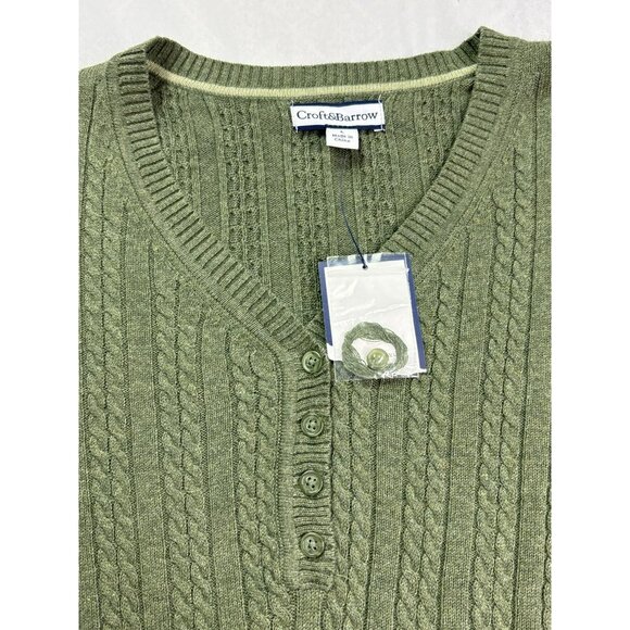 Croft & Barrow Womens Cable Knit Sweater L Cotton Green V Neck Henley New - Picture 3 of 6